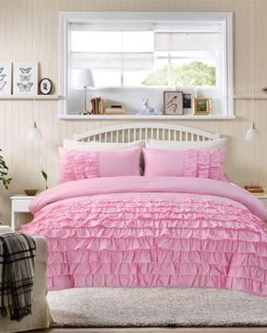 Holawakaka Pink Waterfall Ruffle Comforter Set Queen Size Multi-Layers Ruffled Shabby Chic 3PCS Bedding Set for Girls Women, Pink Queen