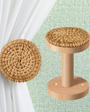 Leinuosen Boho Curtain Holdbacks Rattan Tiebacks Pack of 2 Curtain Holdbacks for Curtains Wall Mounted Wooden Drapery Hook for Door Window Treatment Sheer and Blackout Panels(Round)