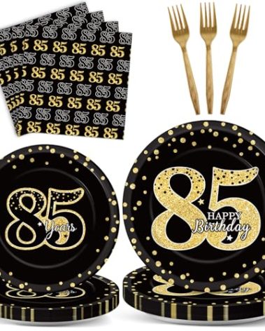 96 Pcs 85th Birthday Party Supplies - Tableware Plates, Cheers to 85 Years Table Decorations, Dinnerware, Happy 85th Birthday Party Favor for 24 Guests