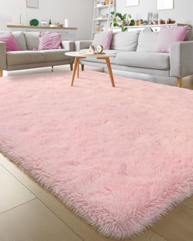 Keeko Fluffy Pink Area Rugs for Bedroom Girls Room, Cute Shag Fuzzy Large Kids Room Rugs Living Room Soft Furry Bedroom Carpet Indoor Bedside Rug for Teen Baby Nursery Dorm Decor, 5.3x7.5