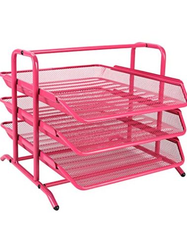 EasyPAG Desk Organizer Tray with 3 Sliding Trays for Letters Documents Mail Files Paper, Pink
