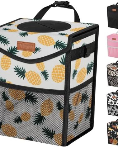 Pritent Car Trash Can with Lid, Cute Leakproof Car Trash Garbage Bag Hanging Vehicle Trash Bin Small Portable Automotive Garbage Cans Organizer for Back/Front Seat/Console(2.8 gal,Pineapple Print