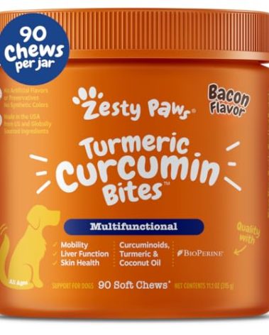 Zesty Paws Turmeric Curcumin for Dogs - for Hip & Joint Mobility Supports Canine Digestive Cardiovascular & Liver Health - Coconut Oil for Skin Health with 95% Curcuminoids + BioPerine Bacon, 90 Count