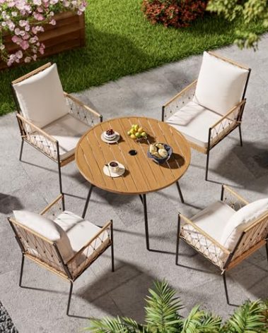 SUNCOZE Outdoor Patio Dining Table and Chairs Set, 5 Pieces PE Rattan Patio Furniture Set with Cushion and Umbrella Hole, Wicker Patio Conversation Sectional Sets for Porch, Backyard and Lawn, Beige