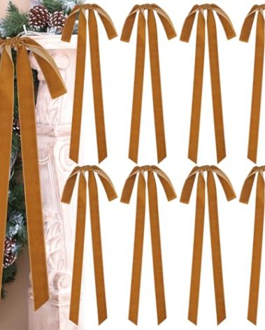 Joottuan 8 Pcs Khaki Velvet Christmas Bows 23.6×8.7 Inch Christmas Wreath Bows Rustic Crafts Gift Bows Vintage Velvet Ribbon Bows for Christmas Tree Indoor Outdoor Decoration