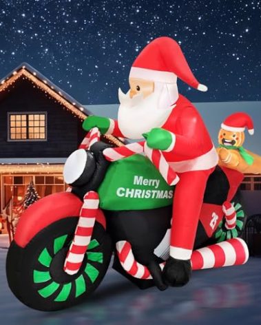 6FT Christmas Decoration Inflatable Santa Riding Motorcycle with Gingerbread Man Lighted Blow Up Santa Claus Outdoor Decor for Holiday, Party, Yard, Lawn, Garden, Winter Festive Display Fun