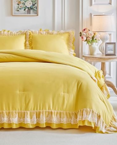 Joyreap Queen Size Comforter Set Yellow, 3pcs Lace Ruffled Bedding Comforter Set, Microfiber Vintage Boho Chic Bedding Set for All Season- 88x88 inches