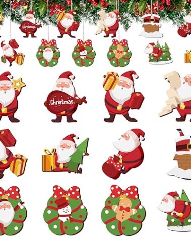 Alupssuc 24pcs Santa Clause Ornaments Bulk for Christmas Tree, Assorted Wooden Santa Decorations, Hanging Xmas Holiday Decor Home Indoors, 3 Inch Tall