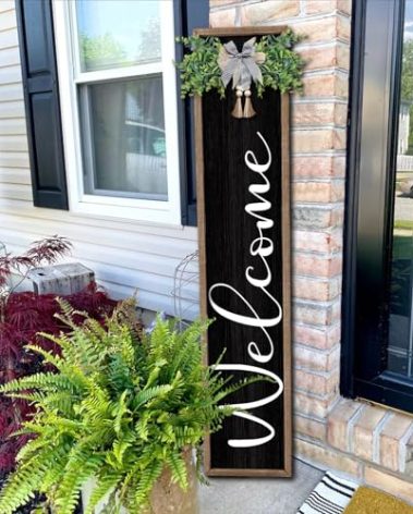 Welcome Sign for Front Porch Standing 45"X9" Large Outdoor Decor Rustic Vertical Leaner Wood Frame Porch Tall Welcome Signs for Farmhouse Outside Front Door Decorations (Wood Black)