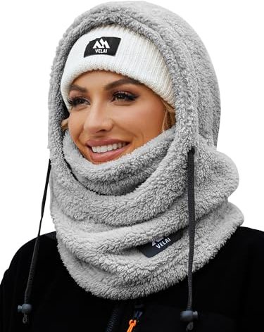 VELAI Balaclava Fleece Ski Mask for Men Women Winter Face Masks Windproof Hooded Scarf Cold Weather Hat Neck Warmer(Grey)