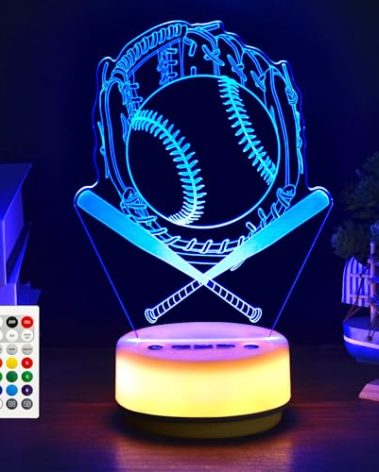 KYMELLIE Baseball Gifts Night Light for Kids-Sports Baseballs Decor Bedside Lamp for Baseball Fan, 14 Color with Remote Control/Buttons + Timer + Dim Function, Birthday Holiday Gift for Boys & Girls