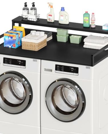 YATINEY Washer Dryer Countertop with 2-Tier Shelf, 54" x 27.6" Laundry Countertop, Wooden Washer Dryer Shelf, Laundry Room Organization and Storage with Edge Rails and Non-Slip Pads, Black LS04BB