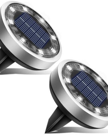 btfarm 2 Pack Solar Ground Lights Outdoor, 8 LED Solar Disc Lights IP65 Waterproof Flat Light, Pathway Light Solar Powered for Garden Lawn Patio Yard Path Landscape, Cool White