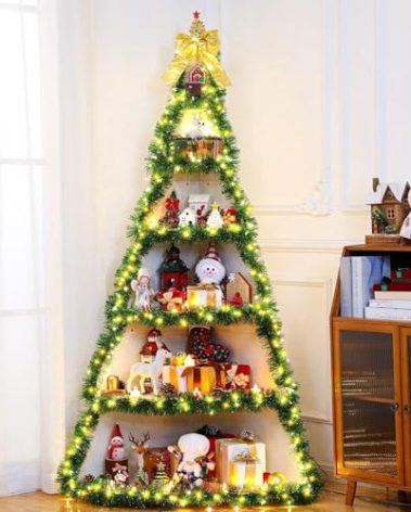 CroBlissful 6 Tier 6ft Christmas Village Display Stand Christmas Tree Corner Shelf Large Wood Platform Bookshelf for DIY Living Room Bedroom Home Office Decor