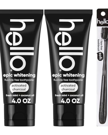 Hello Activated Charcoal Epic Teeth Whitening Fluoride Free Toothpaste and Toothbrush, Fresh Mint and Coconut Oil, Vegan, SLS Free, Gluten Free and Peroxide Free, 4 Ounce (Pack of 2)