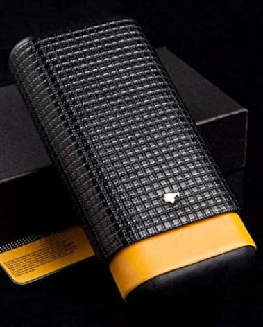 Cigar in Style Yellow Black Leather Cedar Wood Lining 3Ct Adjustable Cigar Case Travel Holder Humidor