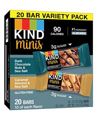 KIND Minis Snack Bars, Dark Chocolate Nuts & Sea Salt and Caramel Almond & Sea Salt, 3g Sugar, Gluten Free Bars, Variety Pack, 0.7 OZ, (20 Count)