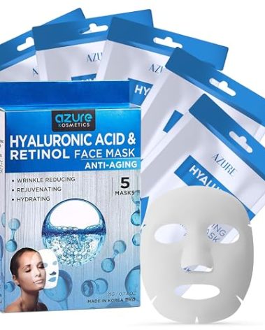 Azure Cosmetics Hyaluronic Acid & Retinol Face Mask - Dermatologist Tested - Rejuvenating & Hydrating Sheet Mask - Reduce Fine Lines & Wrinkles, Smooths & Repairs - Korean Skin Care - Pack of 5
