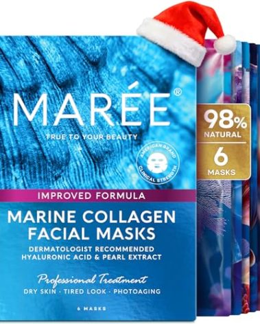 MAREE Collagen Facial Mask with Hyaluronic Acid — Sheet Face Mask Skincare — Centella Asiatica, Green & Red Algae Extract — Hydrating Facemask For Women Skin Care — Mascarillas Para La Cara — 6 Count