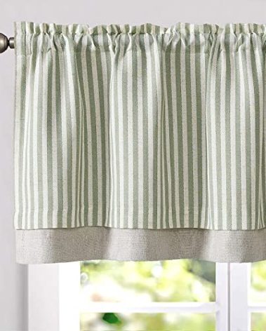jinchan Linen Valance Curtain Striped Valance for Windows 16 Inch Blackout Kitchen Curtain Farmhouse Double Layer for Living Room Ticking Rod Pocket 1 Panel Sage Green on Linen