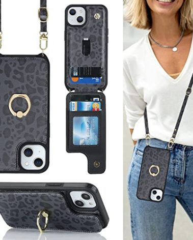 Lipvina for iPhone 13 Case with Card Holder for Women,Phone Case with Strap,Crossbody Lanyard,Ring Stand,Snap Clasp,Cute Wallet Cases for iPhone 13(6.1 inch,Black Leopard)