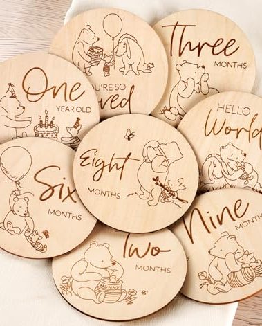 Winnie Baby Monthly Milestone Marker, Wooden Discs for Baby Photo Props with Hello World Newborn Sign - 8Pcs Double Sided Signs- Laser Engraving