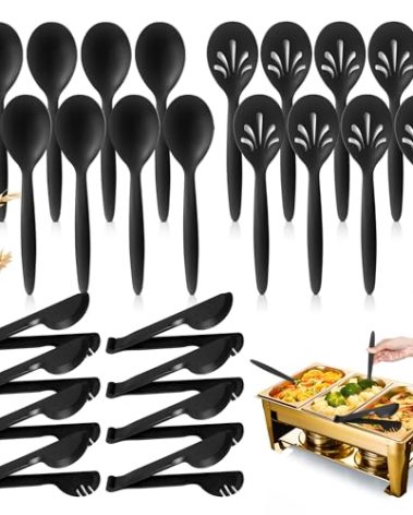 RayPard Reusable Plastic Serving Utensils Set of 24, Wheat straw Large Serving set 10" Serving Spoons/10" Slotted Spoons/9.4" Tongs, for Party Chafing Dish Buffet Catering (Black, Not for Cooking)