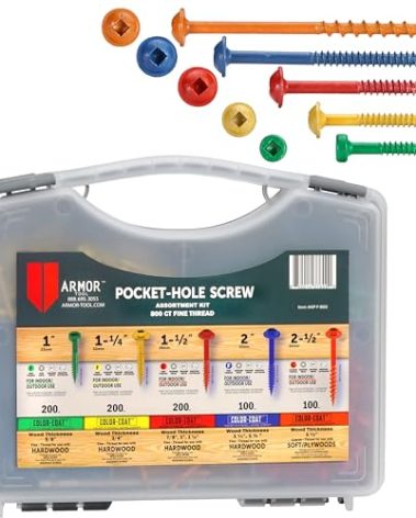 ARMOR TOOL Pocket Hole Screw Set - Fine Thread Screws 800 Piece with Color Coat & Square Drive - AP-F-800