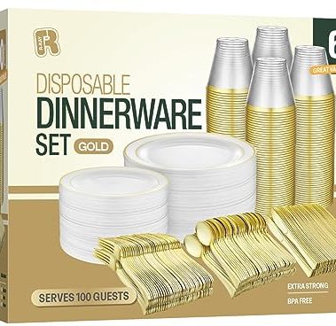 600pcs Plastic Dinnerware Set 100 Guest, Gold Plastic plates for party, Gold Party Plates Sets For 100 Guests, Wedding Plates Disposable Set Includes Also Cups, And Cutlery.