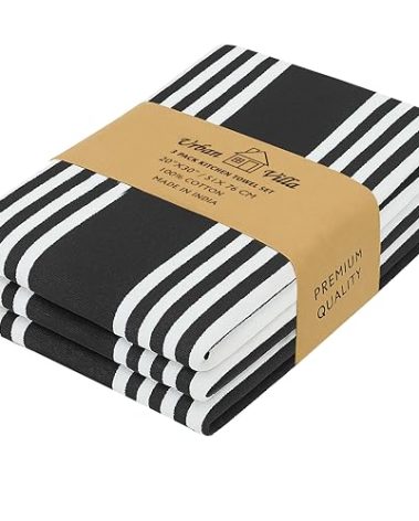Urban Villa Kitchen Towels 100% Cotton Dish Towels for Kitchen (Set of 3)20”x30” Dish Cloths Highly Absorbent Kitchen Linen Set with Hanging Loop Perfect for Drying Dishes Cleaning Towels-Black White