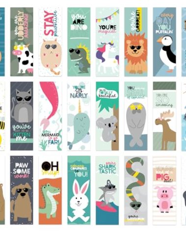 Animal Pun Bookmarks / 2" x 6" Motivational Paper Bookmark Pack/Bulk Set of 24 Classroom Reward Quotemarks/Made in The USA