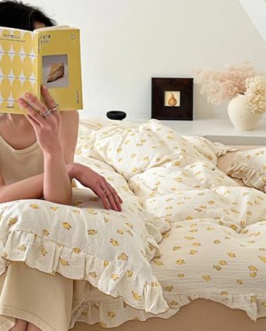 BuLuTu Cute Yellow Duck Print Duvet Cover Twin for Kids Toddler Girls Boys 100% Cotton Muslin Quilt Cover Twin, 68"x86", Ruffled Bedding Soft Breathable, Zipper Closure, No Pillowcase