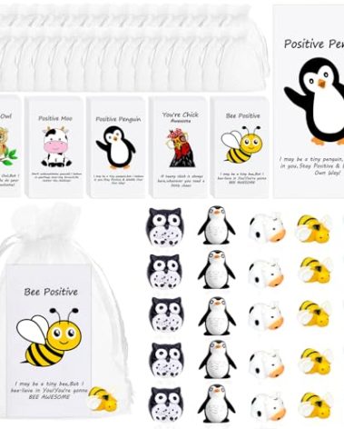 YULYNJQ 100Pack Positive Gifts Bulk Inspirational Teacher Dietitian End of Year Student Gifts,with Funny Card Organza Bag for Coworker Staff（Penguin,Rooster, Bee, Owl, Cow