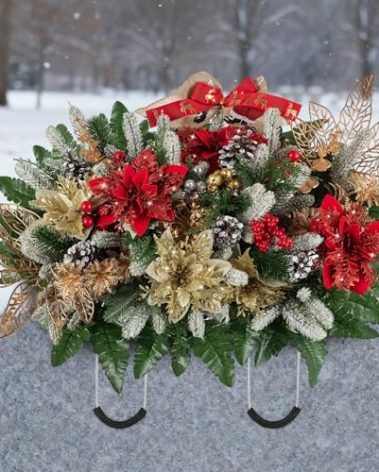 Memobloom Christmas Saddle for Cemetery Headstone: Headstone Flower Saddle with Artificial Glittered Gold Red Poinsettias Snowy Pine Needles - Cemetery Flowers for Grave - Outdoor Grave Decorations