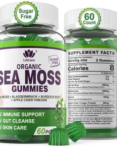Sea Moss Gummies - Irish Sea Moss Gummies for Adults & Kids - Advanced Superfood Seamoss Supplement with Organic Bladderwrack & Burdock Root Extract，ACV for Daily Immune, Gut Cleanse, Vegan, 60 Counts
