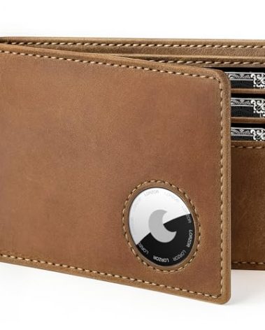 Mens Wallet for Apple AirTag, Bifold Full Grain Leather AirTag Wallet for Men, RFID Blocking Minimalist Front Pocket Air Tag Wallet, ID Window, up to 12 Cards Gifts for Him