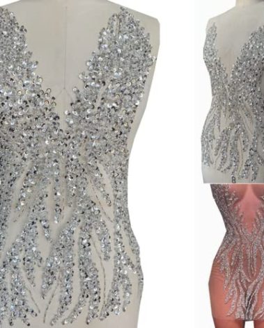 Hand Made Silver Sew on Rhinestones Bodice Applique on White Mesh Crystal Patches Trim 57X36cm for Wedding Dress