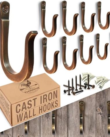 Antique Bronze Railroad Spike Cast Iron Hooks (10 Pack) Handmade Blacksmith, Wall Mounted Decorative Hooks, PowderCoated for Interior or Exterior Use, Rust Proof for Hanging Coats, Bags or Pots