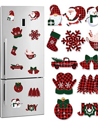 12Pcs Christmas Refrigerator Magnets Red Black Plaid Xmas Gnome Snowman Santa Christmas Fridge Magnetic Stickers Decoration Winter Holiday for Kitchen Garage Locker Metal Door Car Decor
