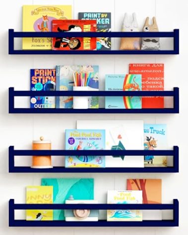 Forbena Wall Book Shelf Organizer for Kids Room Set of 4, Large Floating Book Shelves for Boy Nursery Wall Deocr, 24 Inches Wall Mount Bookshelf for Toddler Child Teen Boys Bedroom (Navy Blue)