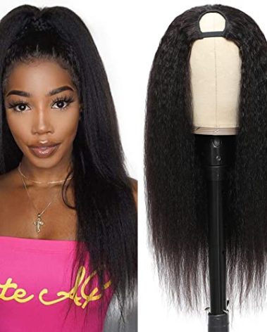 U Part Kinky Straight , 16 inch Italian Upart Half Remy Yaki Straight Wigs for Black Women Human Hair Upgraded U Shape Clip in