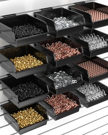 BeapTcely 12 Pack Slatwall Bins with Hooks Plastic Slatwall Organizer Slatwall Containers Workbench Bins for Slat Wall Organizing Hardware, Garage, Craft Room, Tool Shed, Hobby Supplies (12, Black)