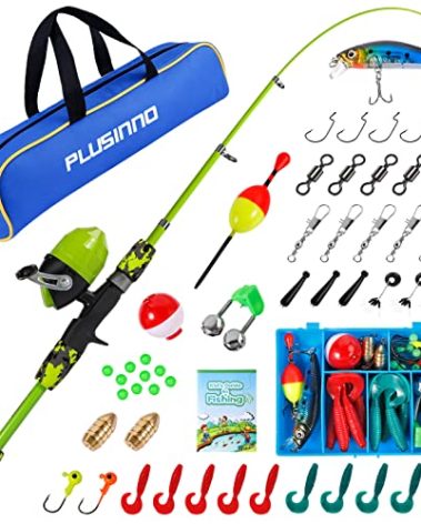 PLUSINNO Kids Fishing Pole with Spincast Reel Telescopic Fishing Rod Combo Full Kits for Boys, Girls, and Adults (Green, 150cm 59.05In)