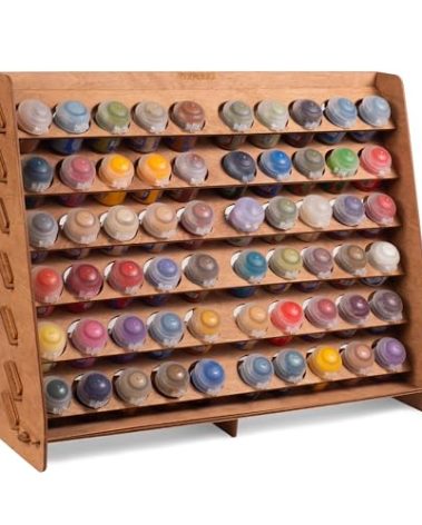 Plydolex Paint Rack for Wall - Suitable for Warhammer 40K, DnD, Pathfinder and Other Miniatures and Figurines - 60 Holes for Citadel Paint Bottles - Plywood Organizer for Wall and Desk