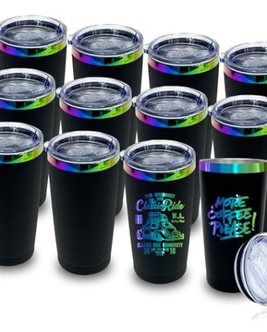 20 oz Tumbler Bulk with Lid and Straw Double Wall Vacuum Insulated Travel Coffee Mug Powder Coated Cup for Hot and Iced Drinks (Black,12 pack)