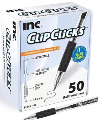 Inc. ClipClicks Retractable Ballpoint Pens - Bulk 1.0-mm Medium-Point Pen Set With Comfort Grip for School, Office, Writing, and Journaling, 50 Count, Black