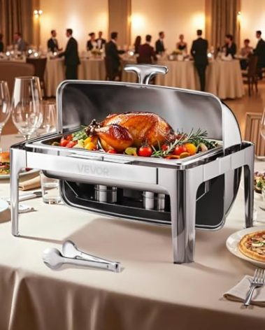 VEVOR Roll Top Chafing Dish Buffet Complete Set, 9Qt Stainless Steel Chafer with Full Size Pan, Rectangle Catering Warmer Server with Lid Water Pan Folding Stand Fuel Holder Meal Clip, Silver