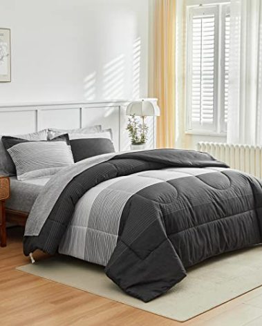 Flysheep Ombre Striped Bed in a Bag 7 Pieces King Size, Grey and White Stripes Comforter Sheet Set (1 Comforter, 1 Flat Sheet, 1 Fitted Sheet, 2 Pillow Shams, 2 Pillowcases)