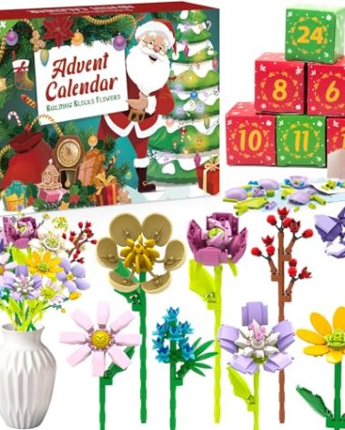DREACAREFT Advent Calendar 2025 Flower Bouquet Building Blocks for Adults Teens Kids, 24 Days Christmas Countdown Calendars with 24 Kinds of Flowers, Unique Advent Calendar for Women Girls Boys