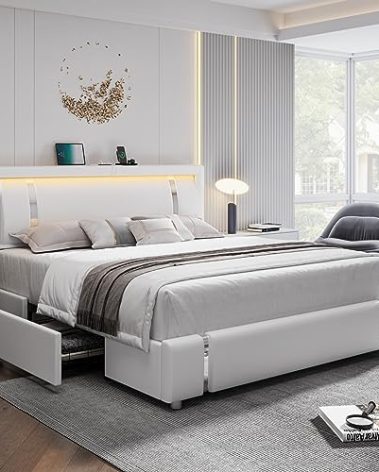 Full Size Bed Frame with RGB LED Lights Headboard & 2 Storage Drawers, Modern Upholstered Faux Leather Smart Platform Bed with Iron Metal Decor, USB & USB-C Charging Ports, No Box Spring Needed, White